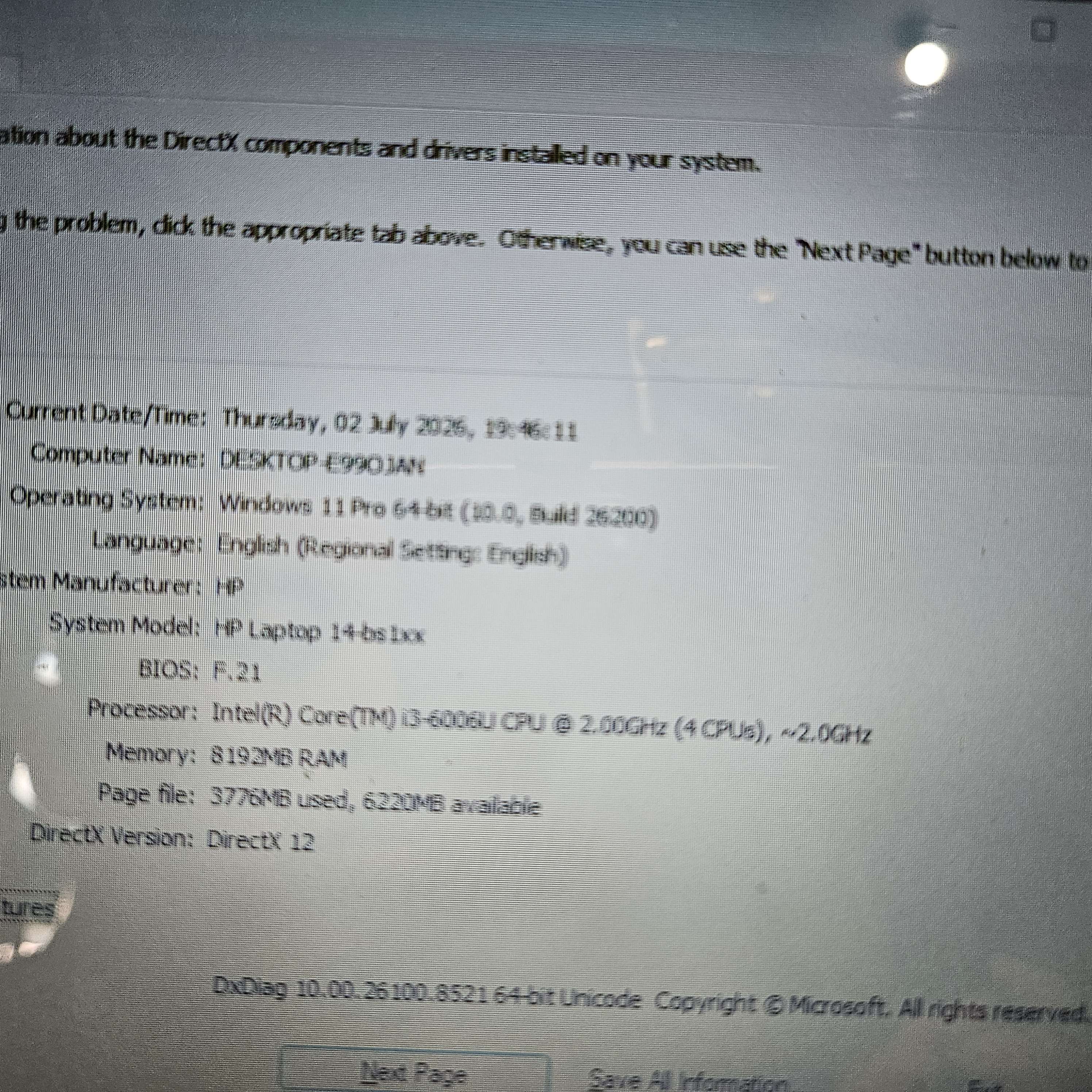 HP 14 CORE i3 gen 6 RAM 8GB SSD 128GB