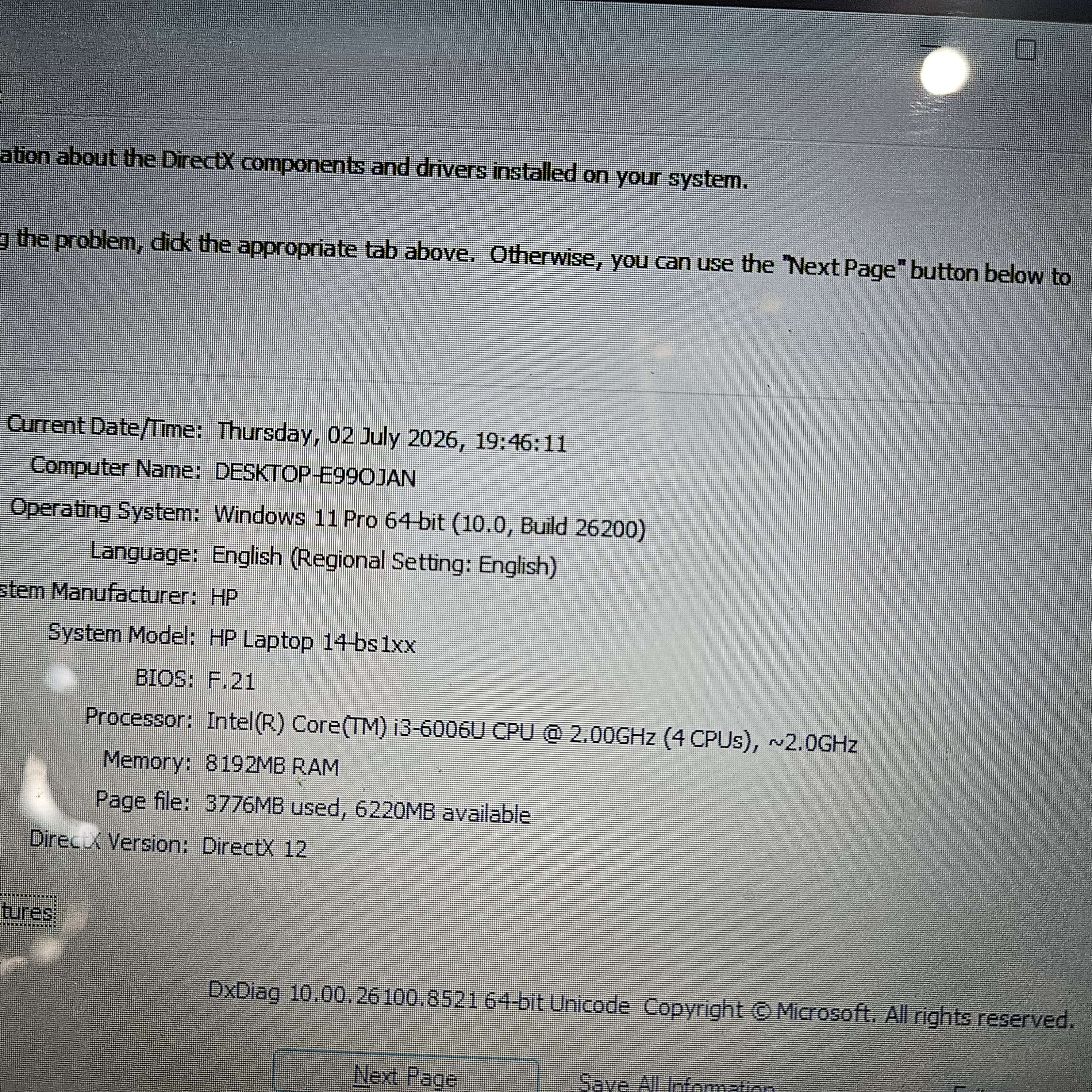 HP 14 CORE i3 gen 6 RAM 8GB SSD 128GB