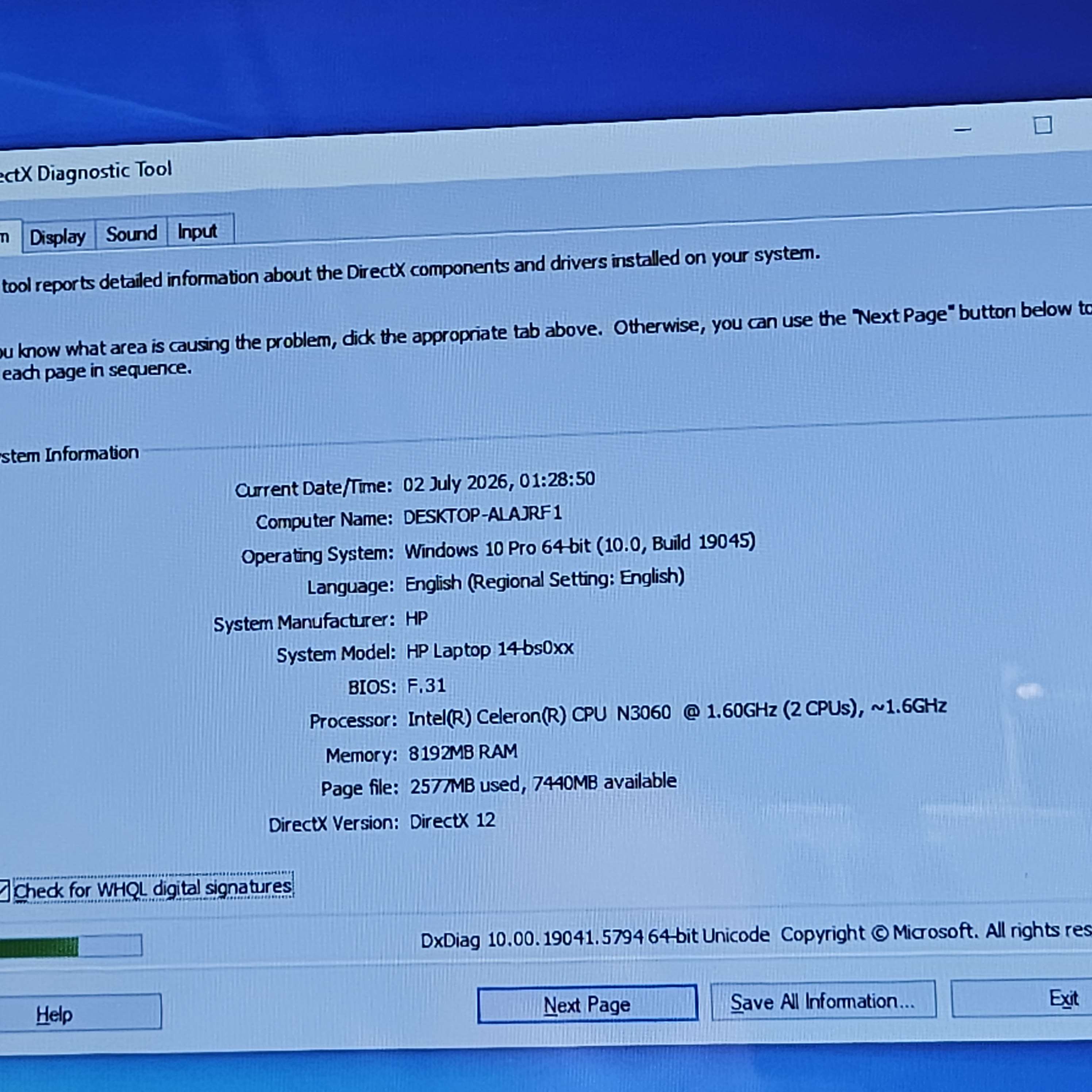 HP 14-BS  RAM 8GB SSD 128GB Celeron